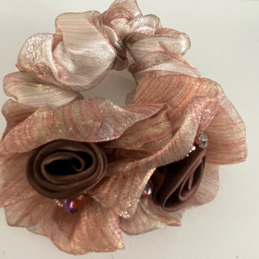 Elegant Pink and Brown Floral Hair Scrunchie